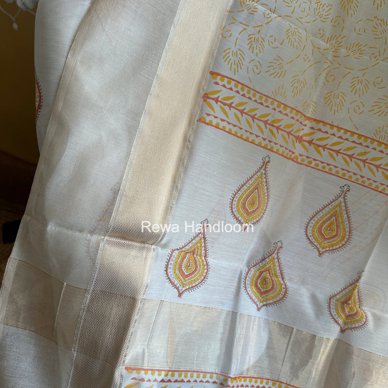 Maheshwari White Handblock Print Top-Dupatta HBS0158