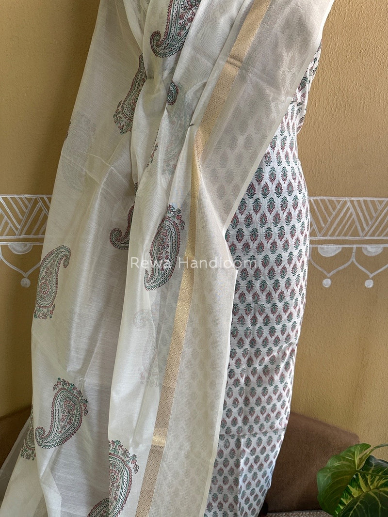 Maheshwari White Handblock Print Top-Dupatta HBS0119