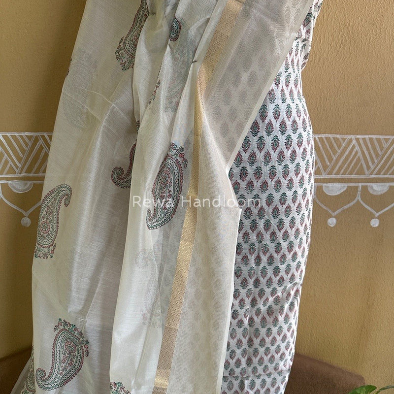 Maheshwari White Handblock Print Top-Dupatta HBS0119