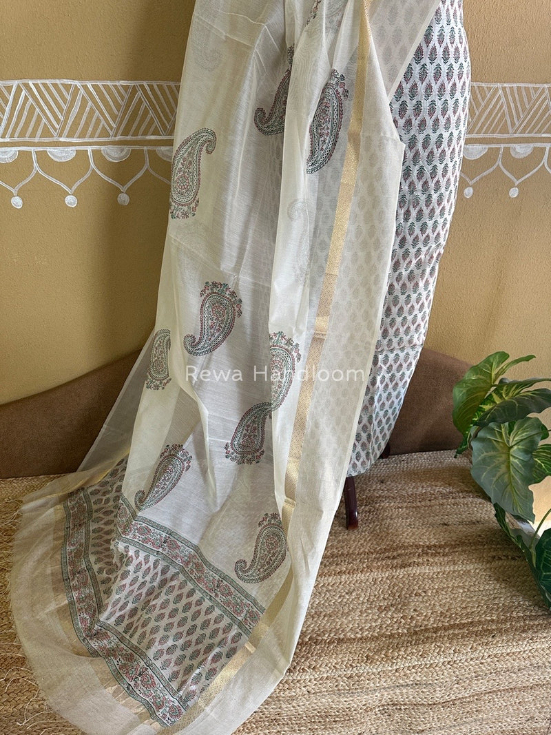 Maheshwari White Handblock Print Top-Dupatta HBS0119