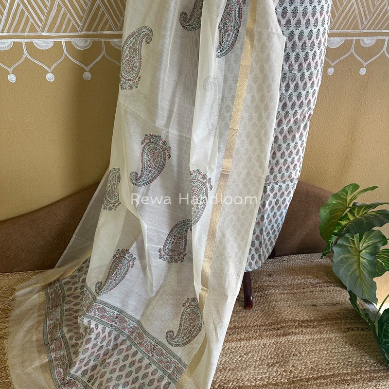 Maheshwari White Handblock Print Top-Dupatta HBS0119