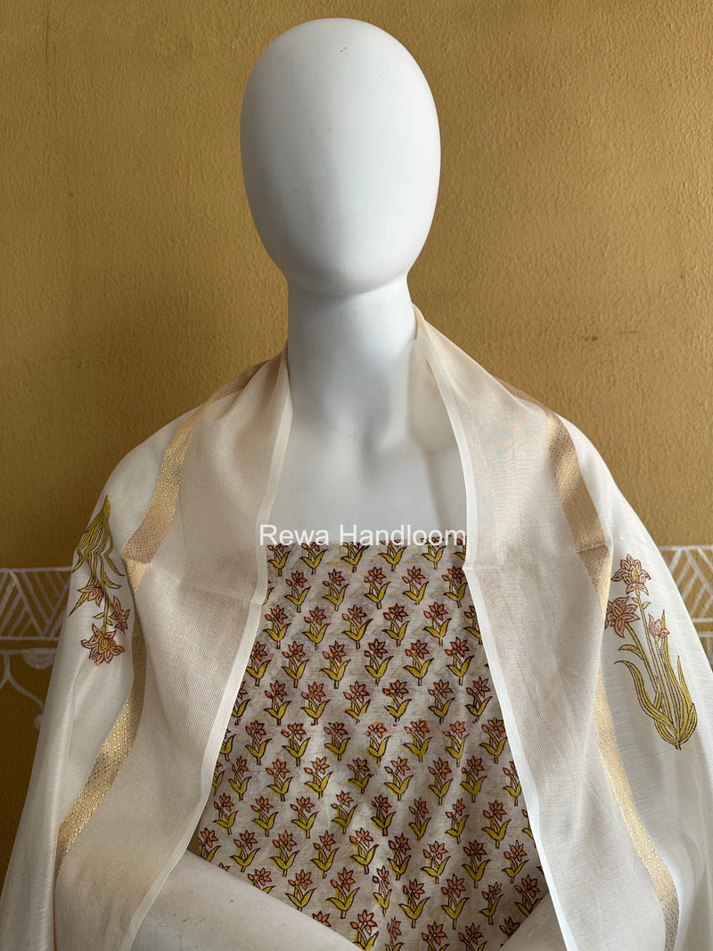 Maheshwari White Handblock Print Top-Dupatta HBS0211