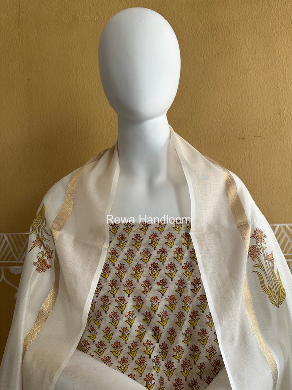 Maheshwari White Handblock Print Top-Dupatta HBS0211