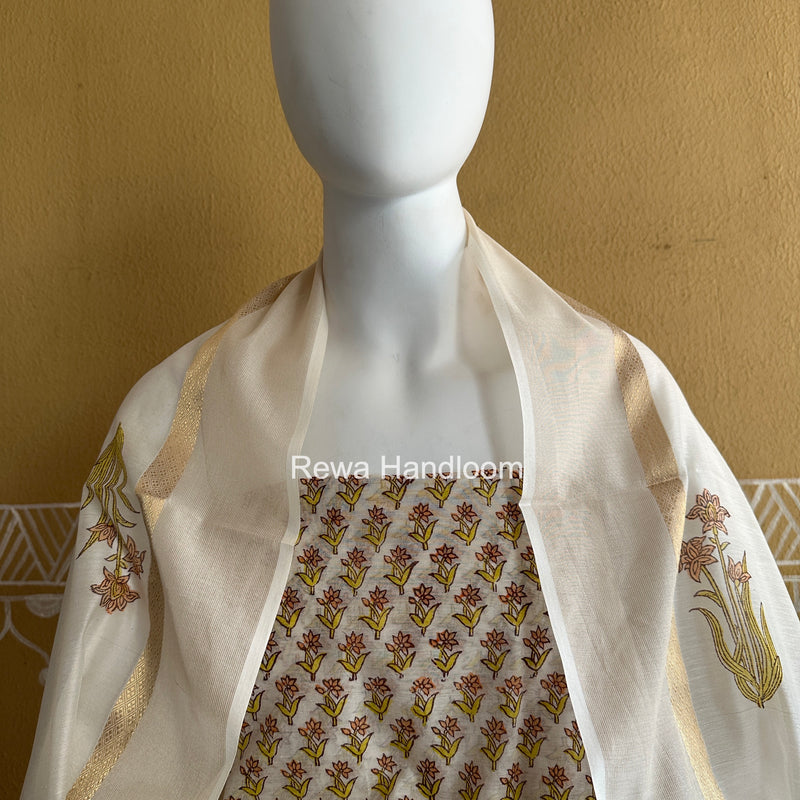 Maheshwari White Handblock Print Top-Dupatta HBS0211