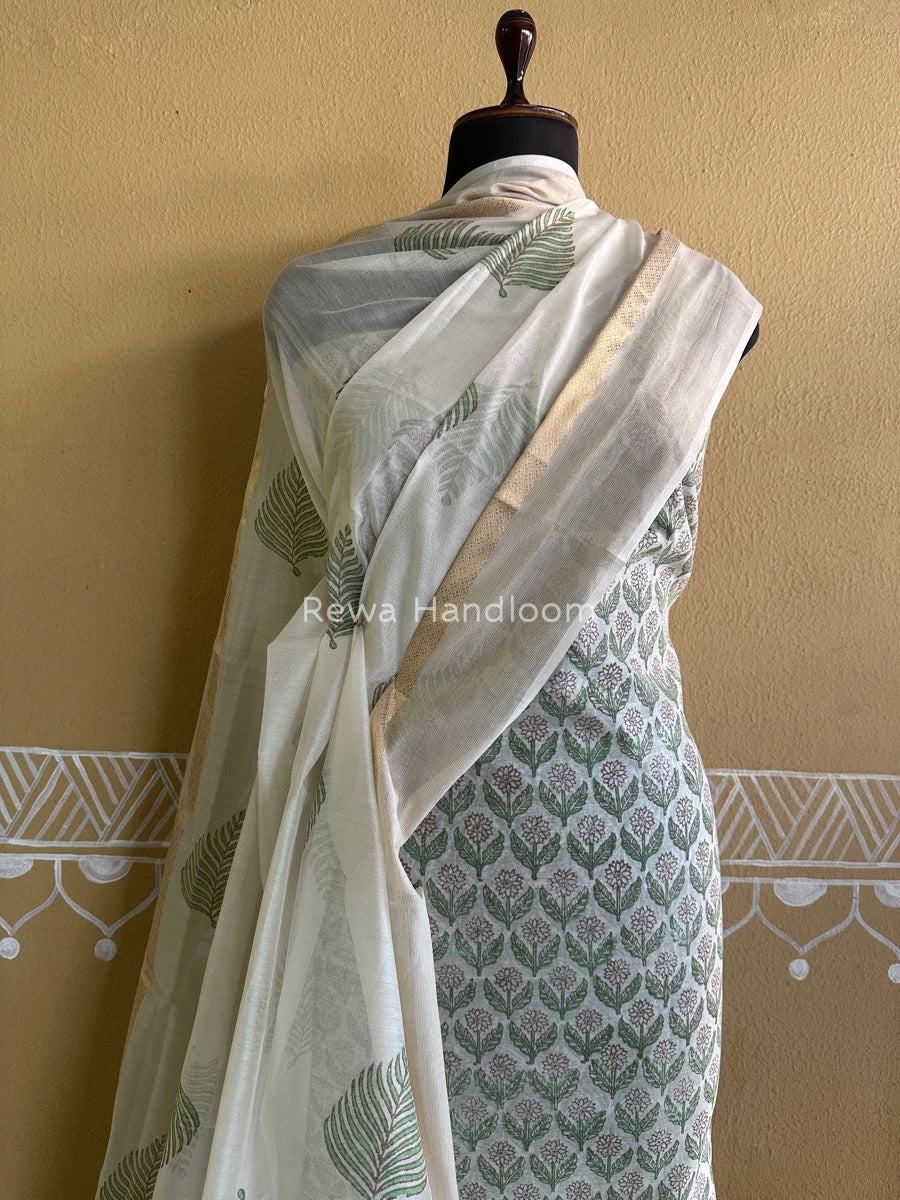 Maheshwari Green-White Handblock Print Top-Dupatta HBS088