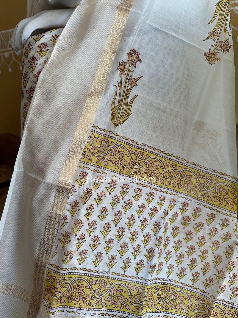Maheshwari White Handblock Print Top-Dupatta HBS0211