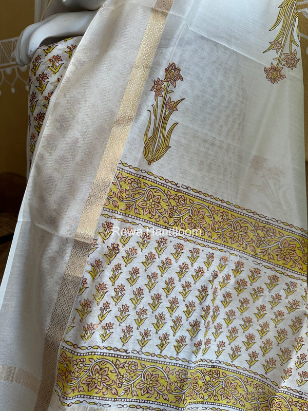 Maheshwari White Handblock Print Top-Dupatta HBS0211