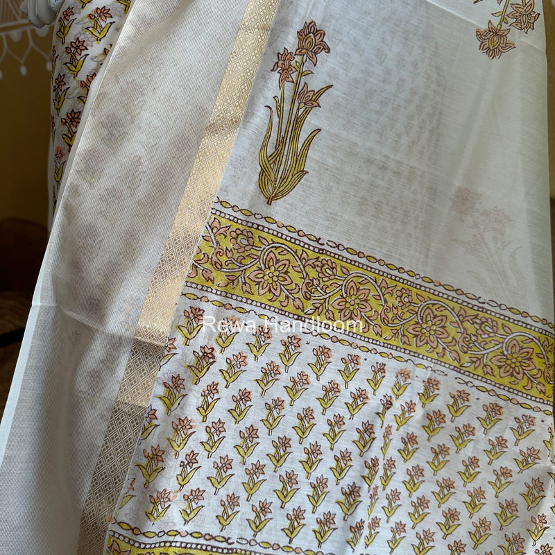 Maheshwari White Handblock Print Top-Dupatta HBS0211