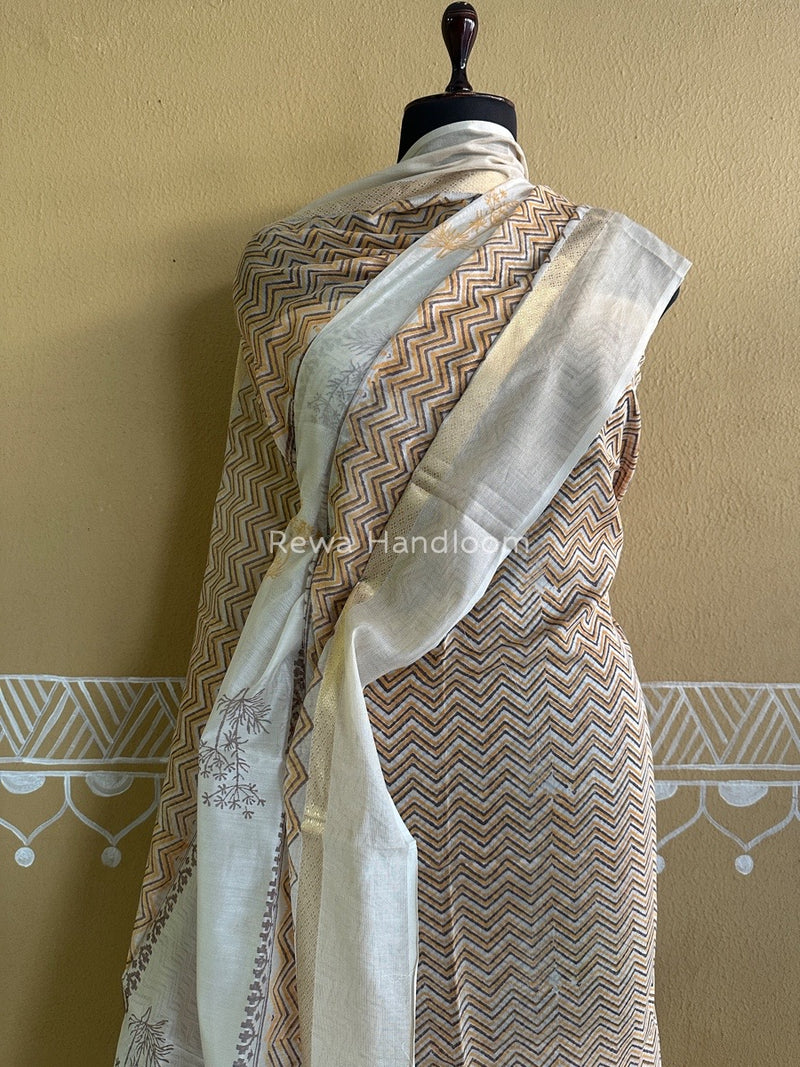 Maheshwari Yellow-White Handblock Print Top-Dupatta HBS0109