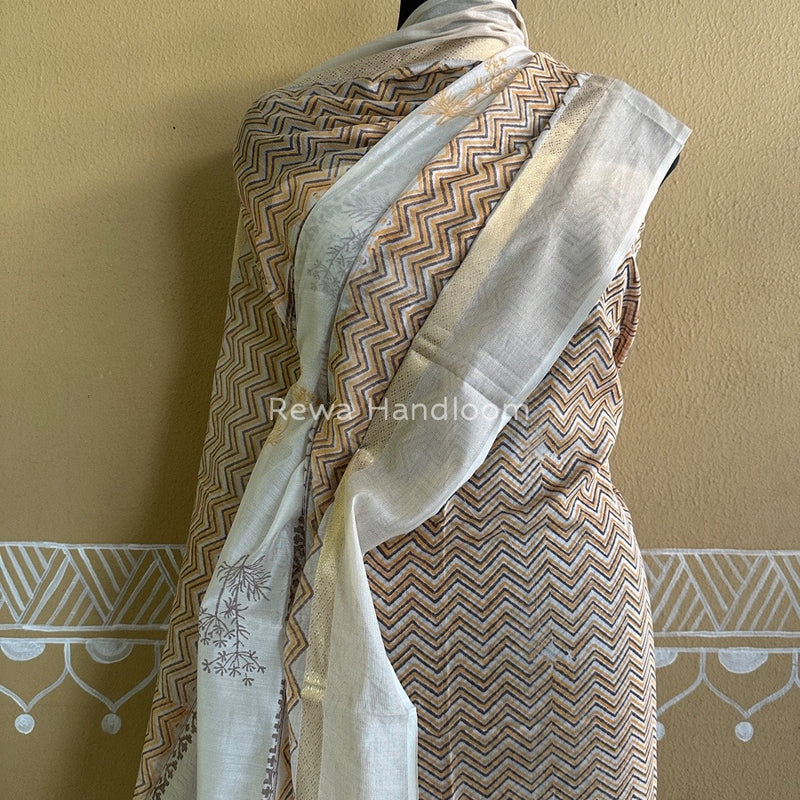 Maheshwari Yellow-White Handblock Print Top-Dupatta HBS0109