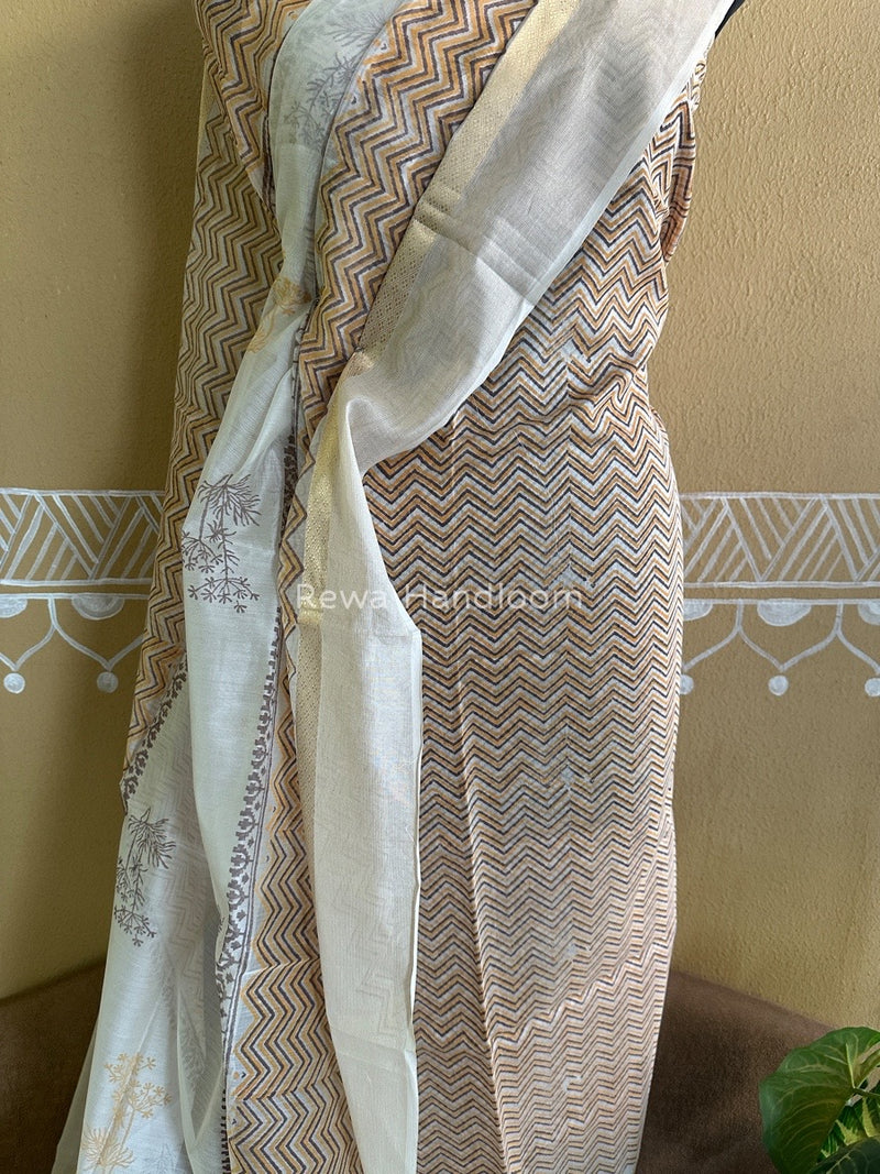 Maheshwari Yellow-White Handblock Print Top-Dupatta HBS0109