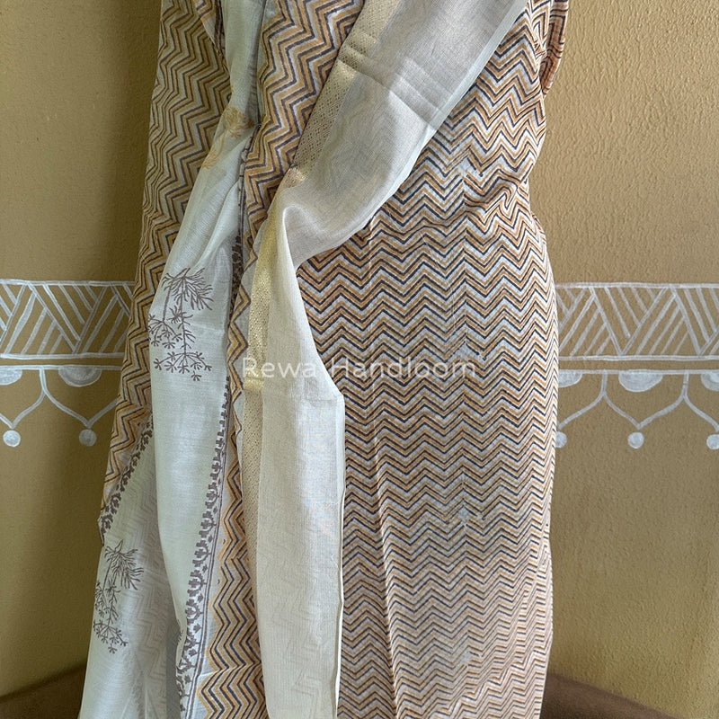 Maheshwari Yellow-White Handblock Print Top-Dupatta HBS0109
