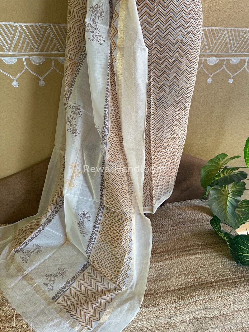 Maheshwari Yellow-White Handblock Print Top-Dupatta HBS0109
