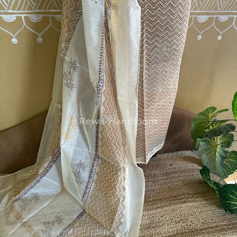 Maheshwari Yellow-White Handblock Print Top-Dupatta HBS0109
