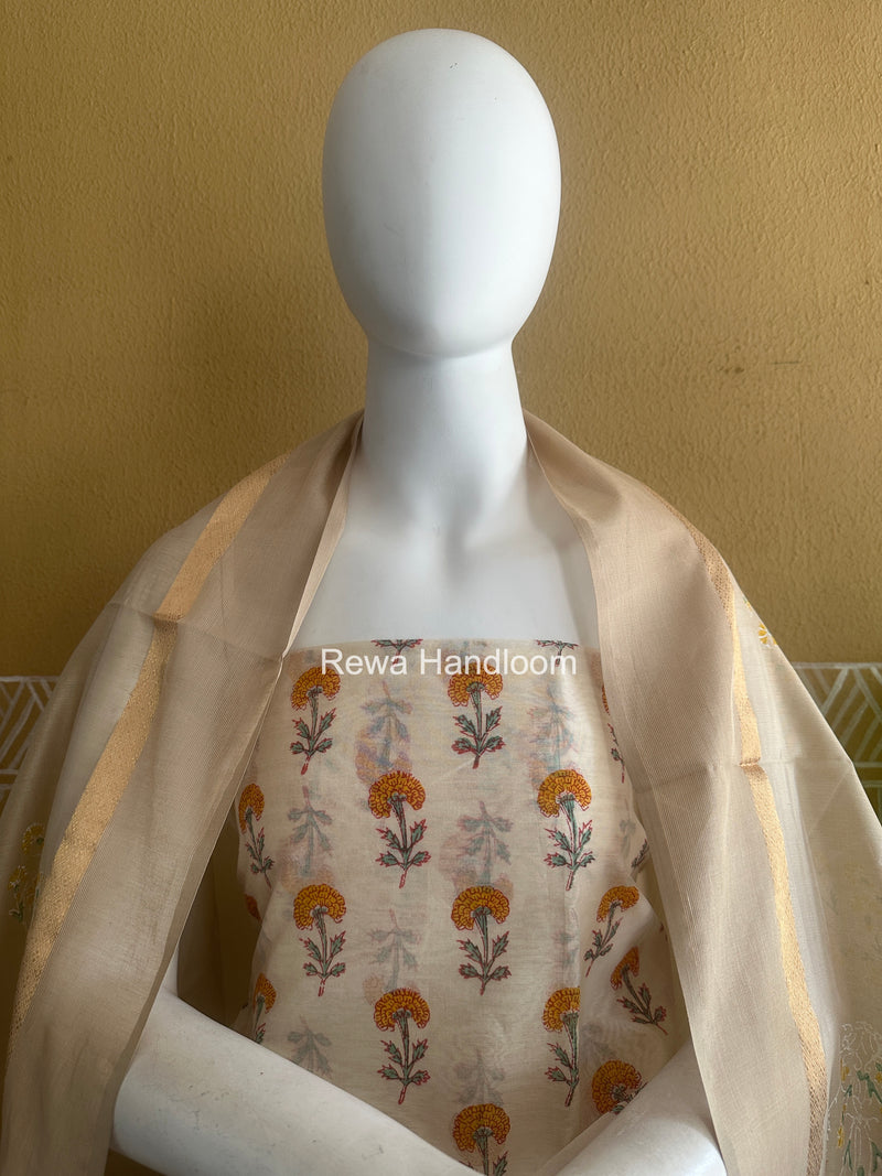 Maheshwari White Handblock Print Top-Dupatta HBS0186