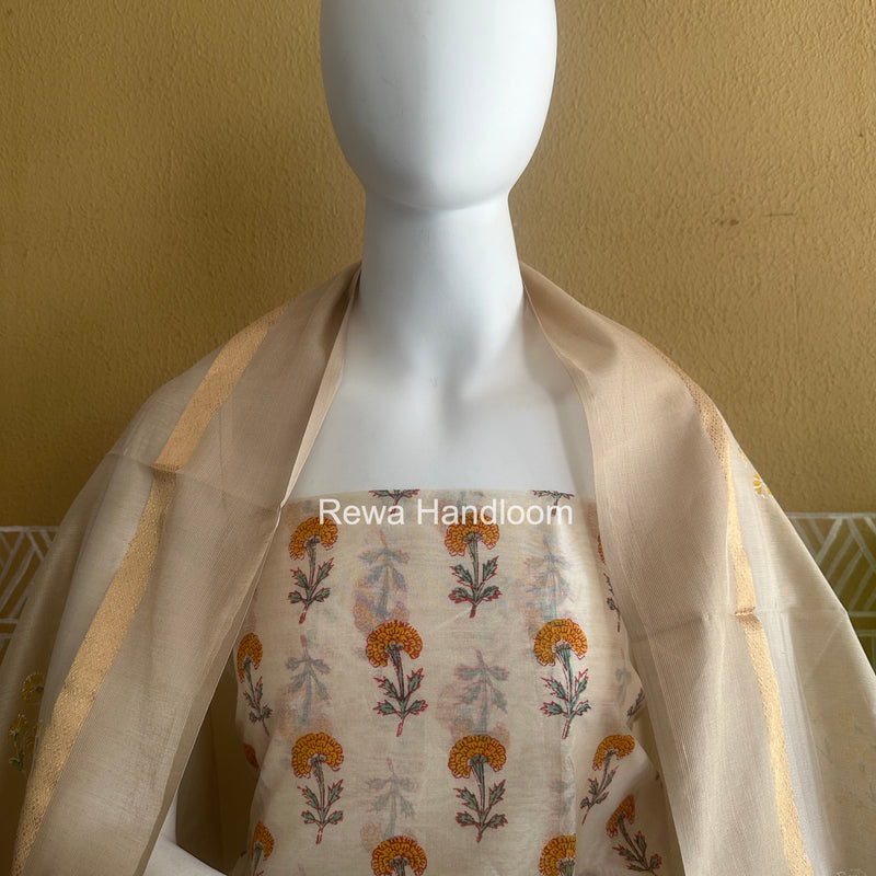 Maheshwari White Handblock Print Top-Dupatta HBS0186