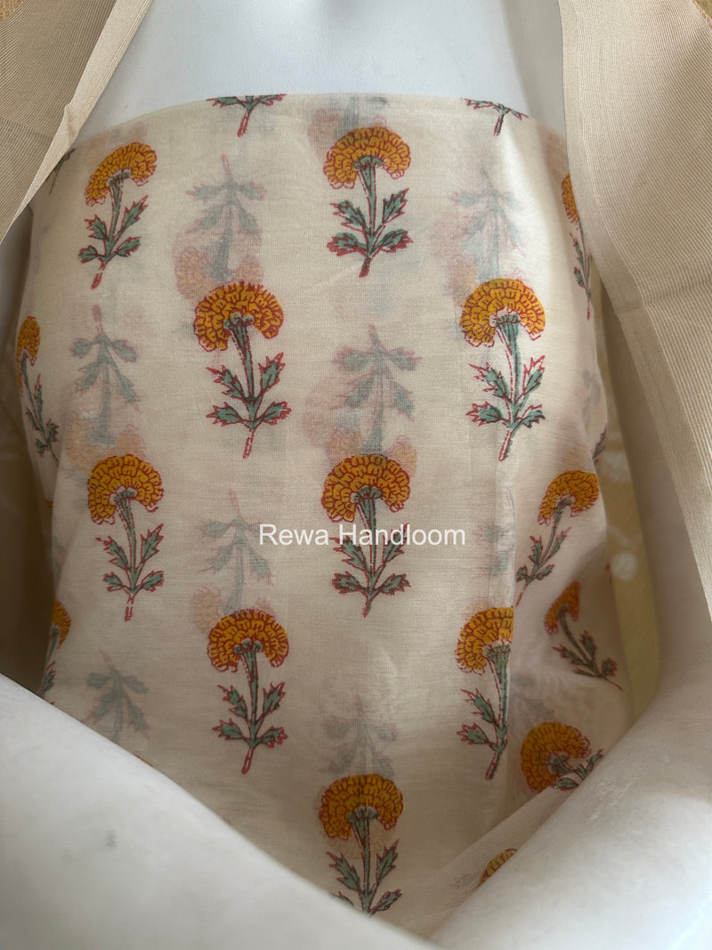 Maheshwari White Handblock Print Top-Dupatta HBS0186