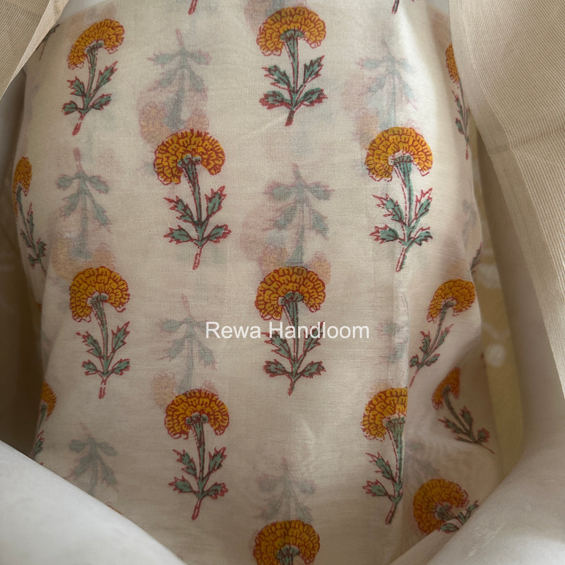 Maheshwari White Handblock Print Top-Dupatta HBS0186