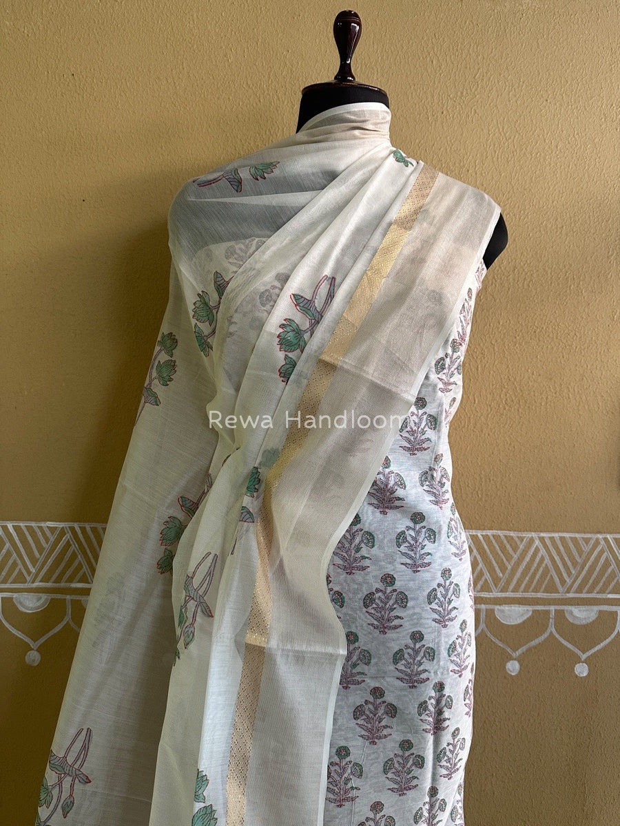 Maheshwari White Handblock Print Top-Dupatta HBS082