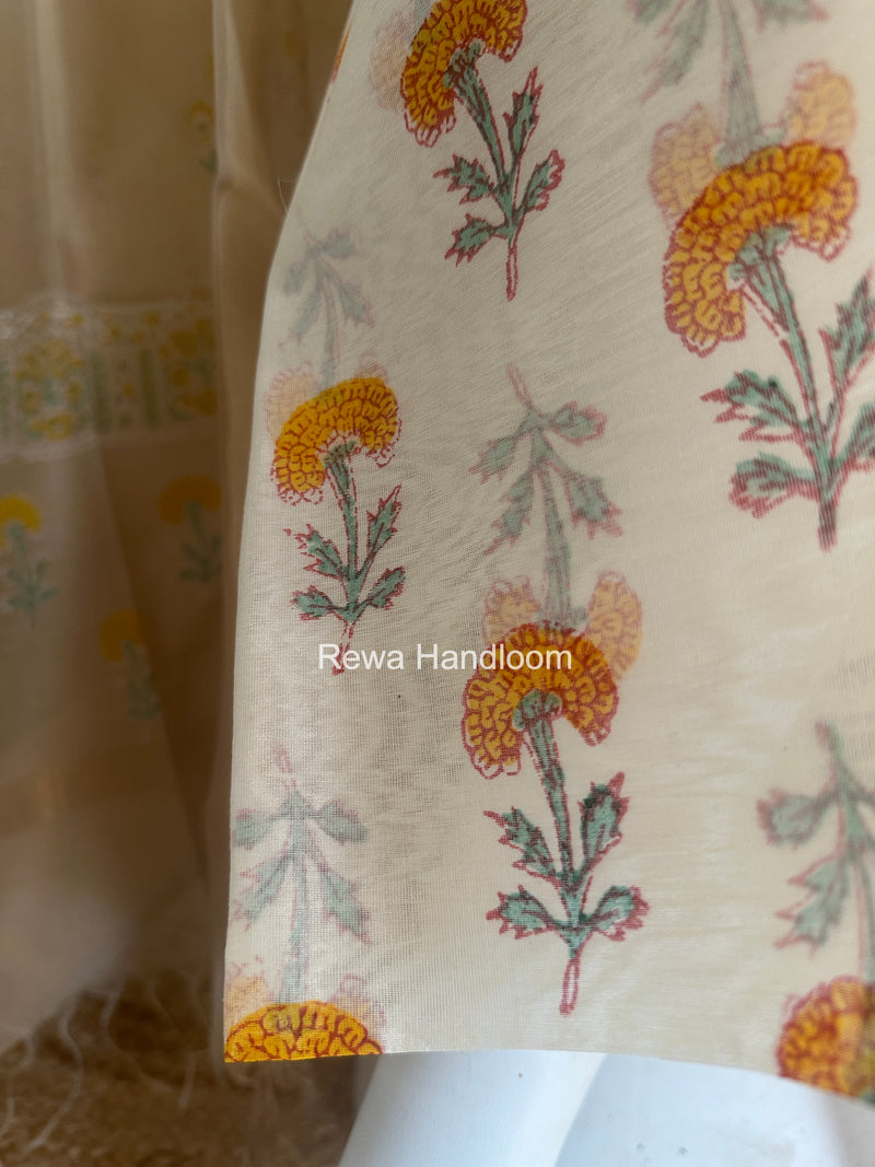 Maheshwari White Handblock Print Top-Dupatta HBS0186