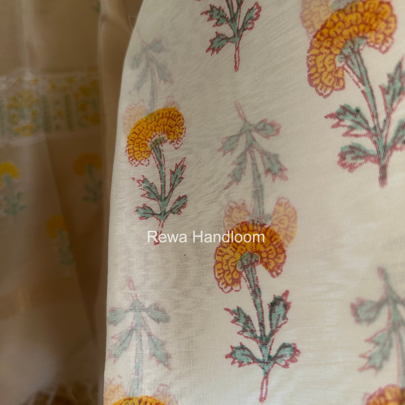 Maheshwari White Handblock Print Top-Dupatta HBS0186