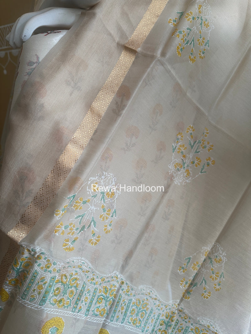 Maheshwari White Handblock Print Top-Dupatta HBS0186