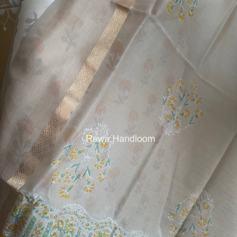 Maheshwari White Handblock Print Top-Dupatta HBS0186
