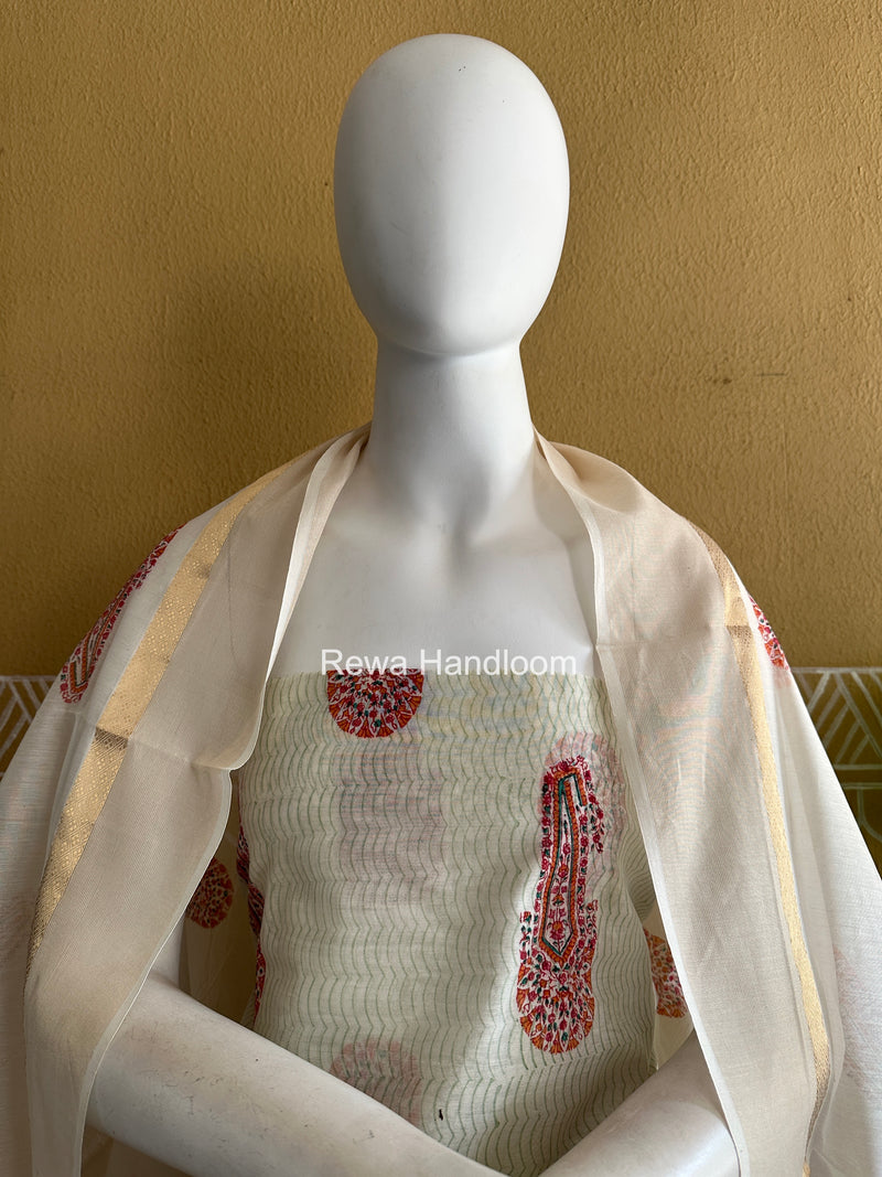 Maheshwari White Handblock Print Top-Dupatta HBS0210