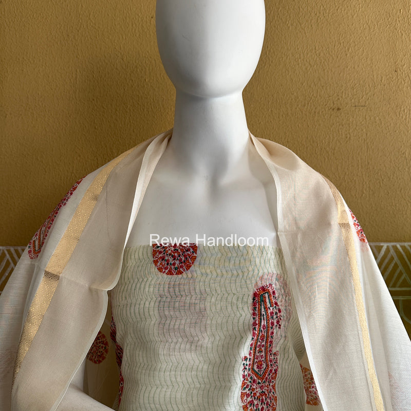 Maheshwari White Handblock Print Top-Dupatta HBS0210