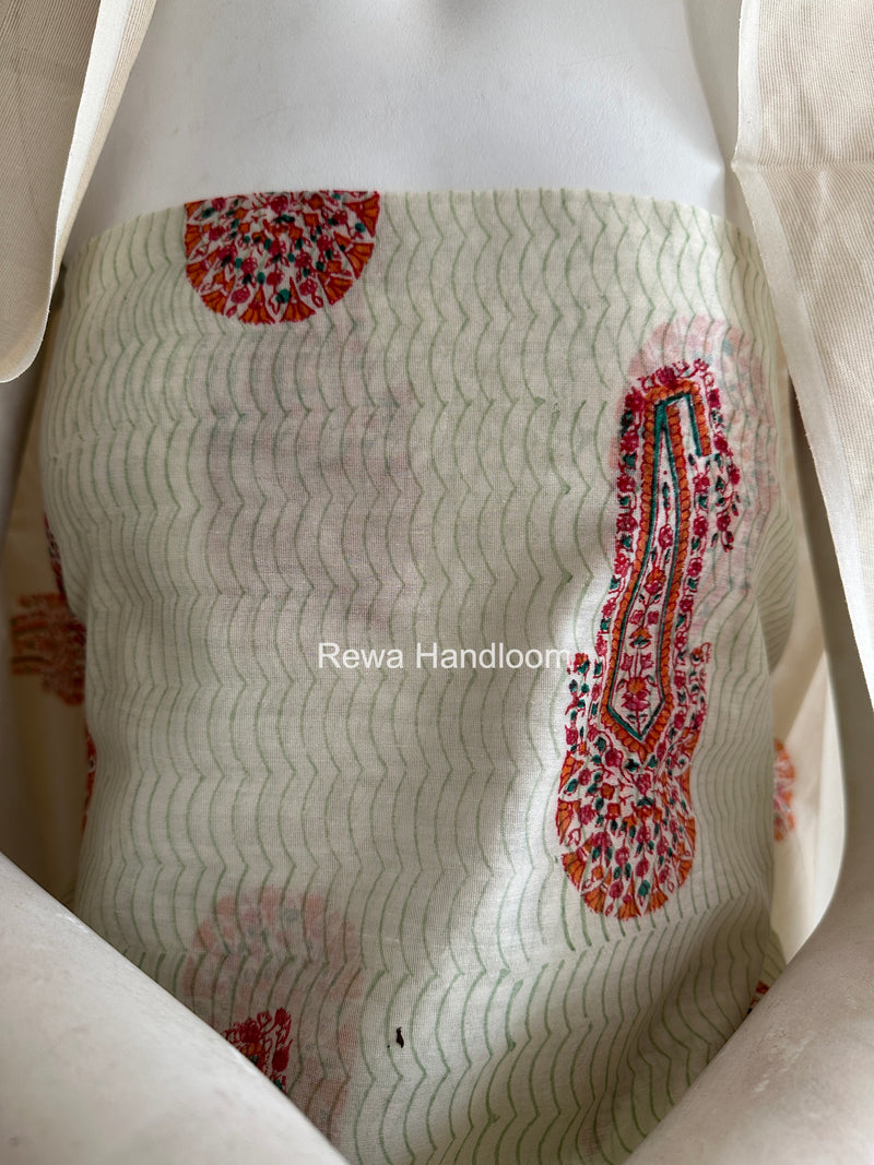 Maheshwari White Handblock Print Top-Dupatta HBS0210