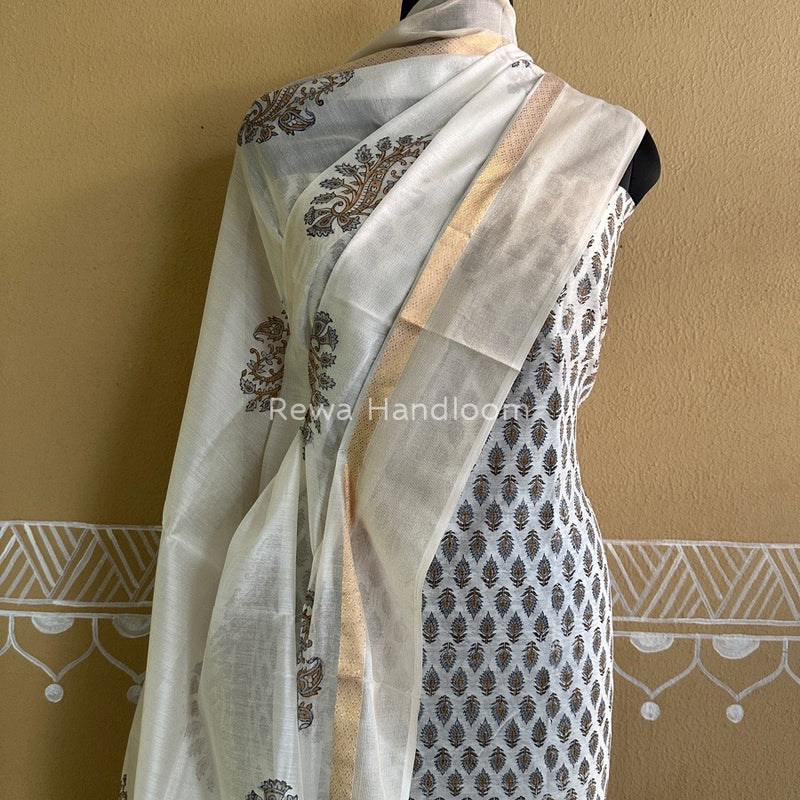 Maheshwari Grey-White Handblock Print Top-Dupatta HBS0103