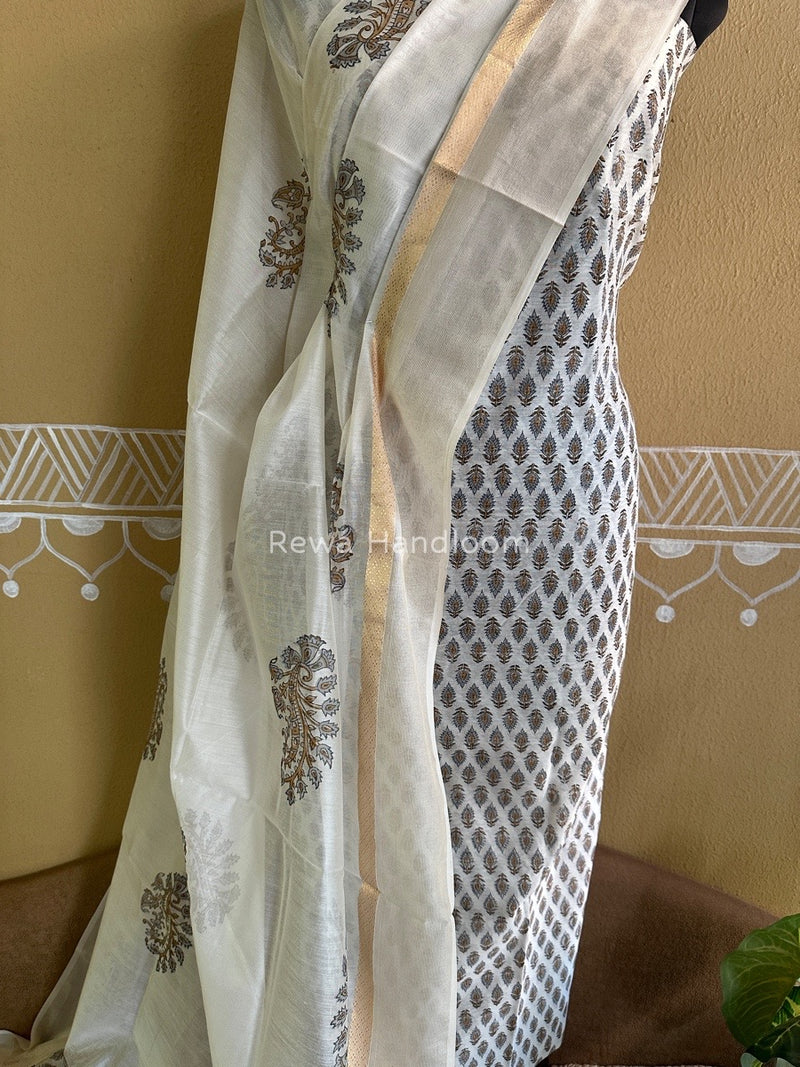 Maheshwari Grey-White Handblock Print Top-Dupatta HBS0103