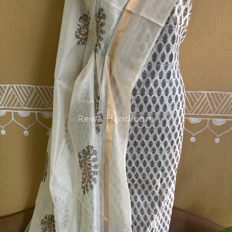 Maheshwari Grey-White Handblock Print Top-Dupatta HBS0103