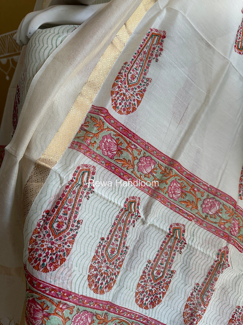 Maheshwari White Handblock Print Top-Dupatta HBS0210