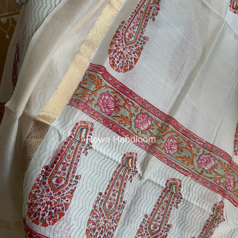 Maheshwari White Handblock Print Top-Dupatta HBS0210