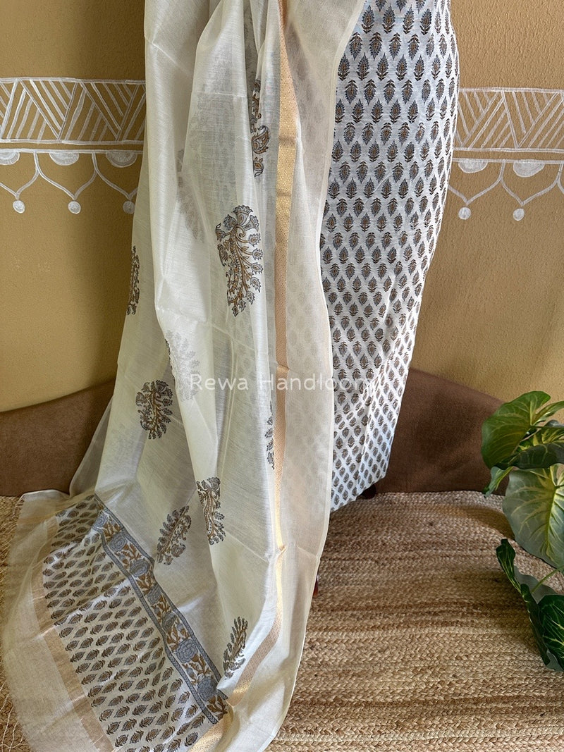 Maheshwari Grey-White Handblock Print Top-Dupatta HBS0103