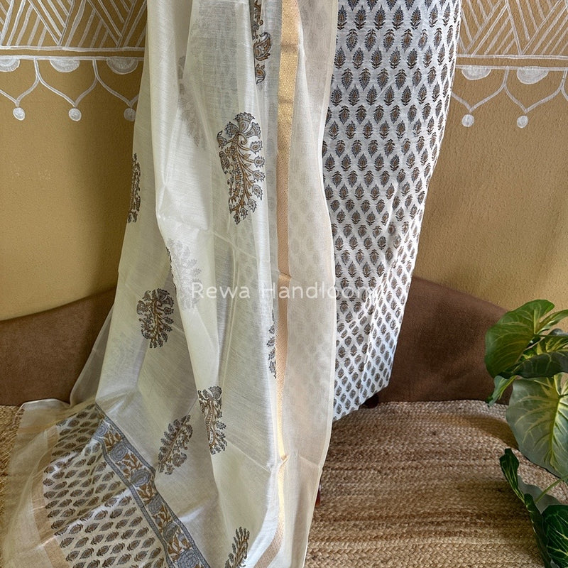 Maheshwari Grey-White Handblock Print Top-Dupatta HBS0103