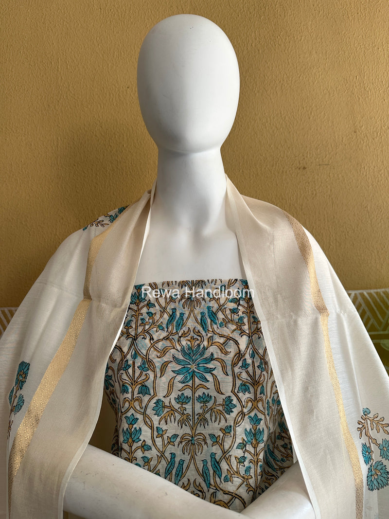 Maheshwari White Handblock Print Top-Dupatta HBS0220