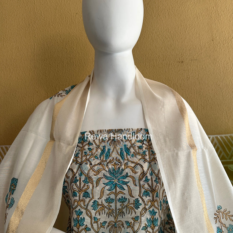 Maheshwari White Handblock Print Top-Dupatta HBS0220