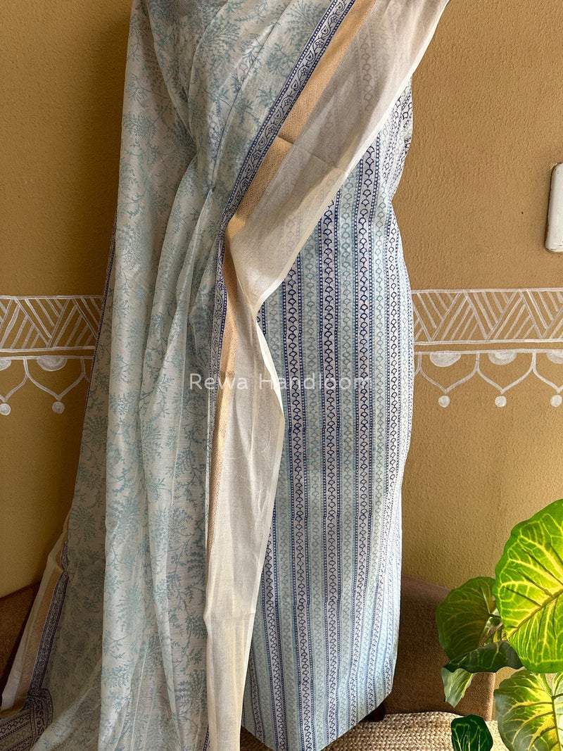 Maheshwari White Handblock Print Top-Dupatta HBS0125
