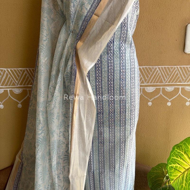 Maheshwari White Handblock Print Top-Dupatta HBS0125