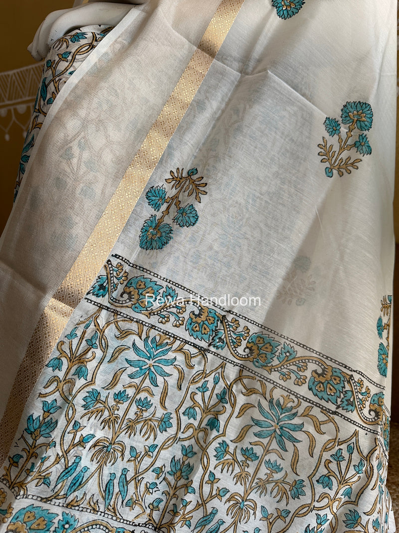 Maheshwari White Handblock Print Top-Dupatta HBS0220