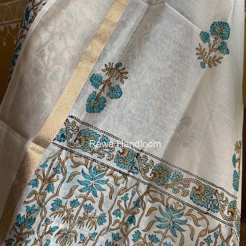 Maheshwari White Handblock Print Top-Dupatta HBS0220