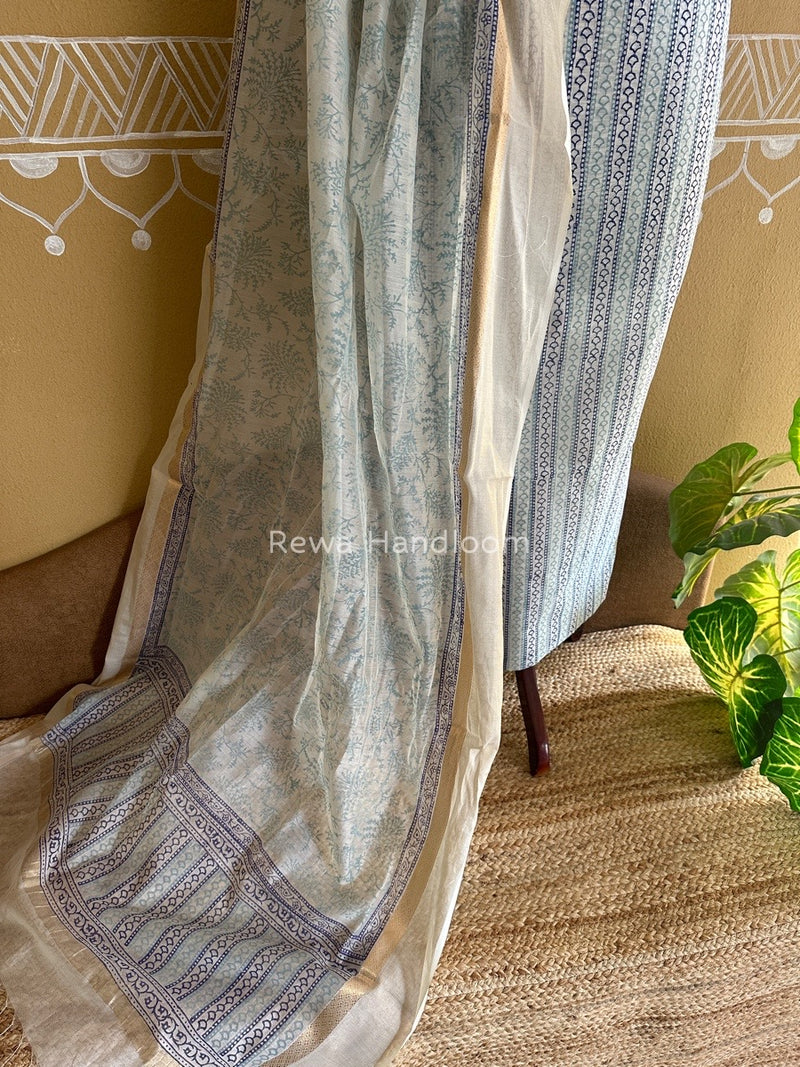 Maheshwari White Handblock Print Top-Dupatta HBS0125