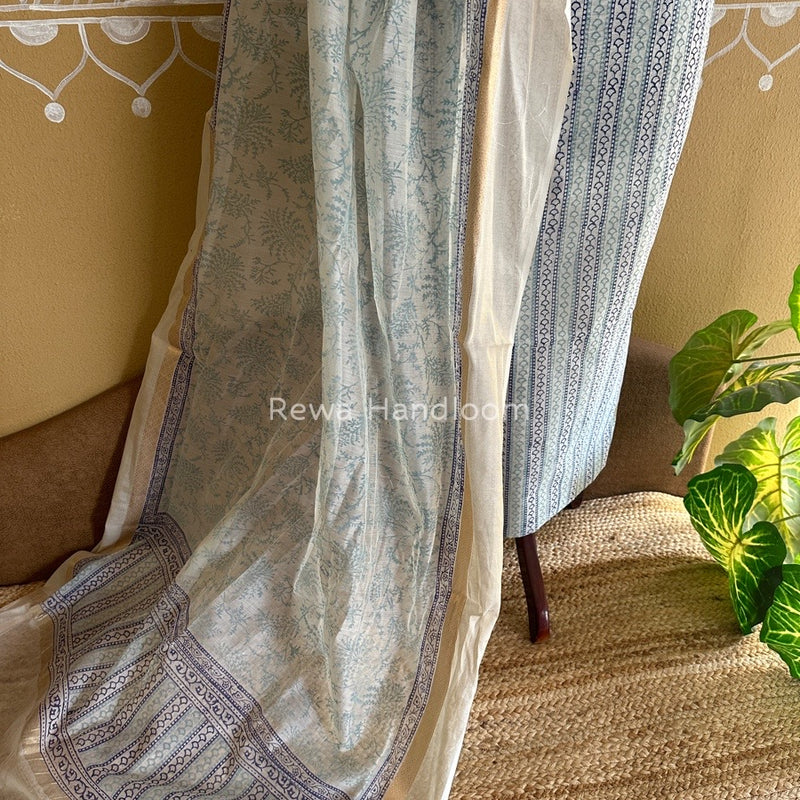 Maheshwari White Handblock Print Top-Dupatta HBS0125