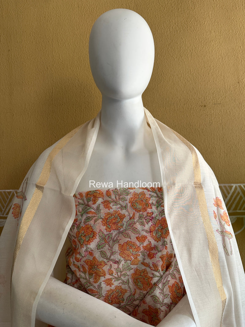 Maheshwari White Handblock Print Top-Dupatta HBS0221