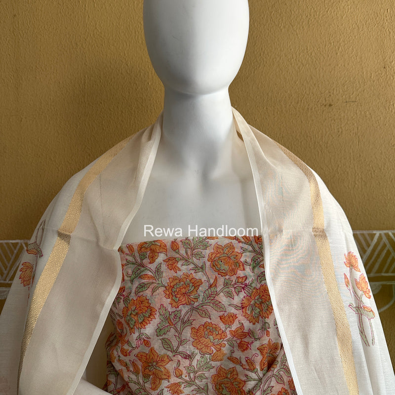 Maheshwari White Handblock Print Top-Dupatta HBS0221