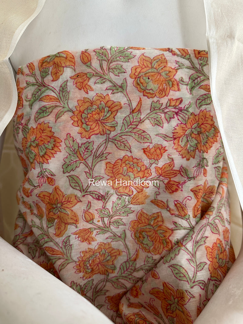 Maheshwari White Handblock Print Top-Dupatta HBS0221