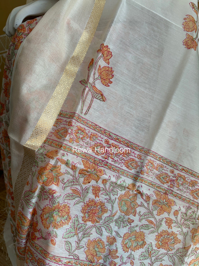 Maheshwari White Handblock Print Top-Dupatta HBS0221