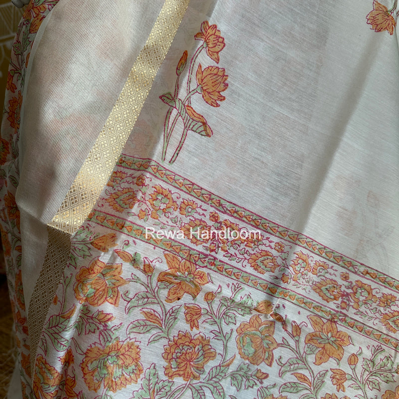 Maheshwari White Handblock Print Top-Dupatta HBS0221